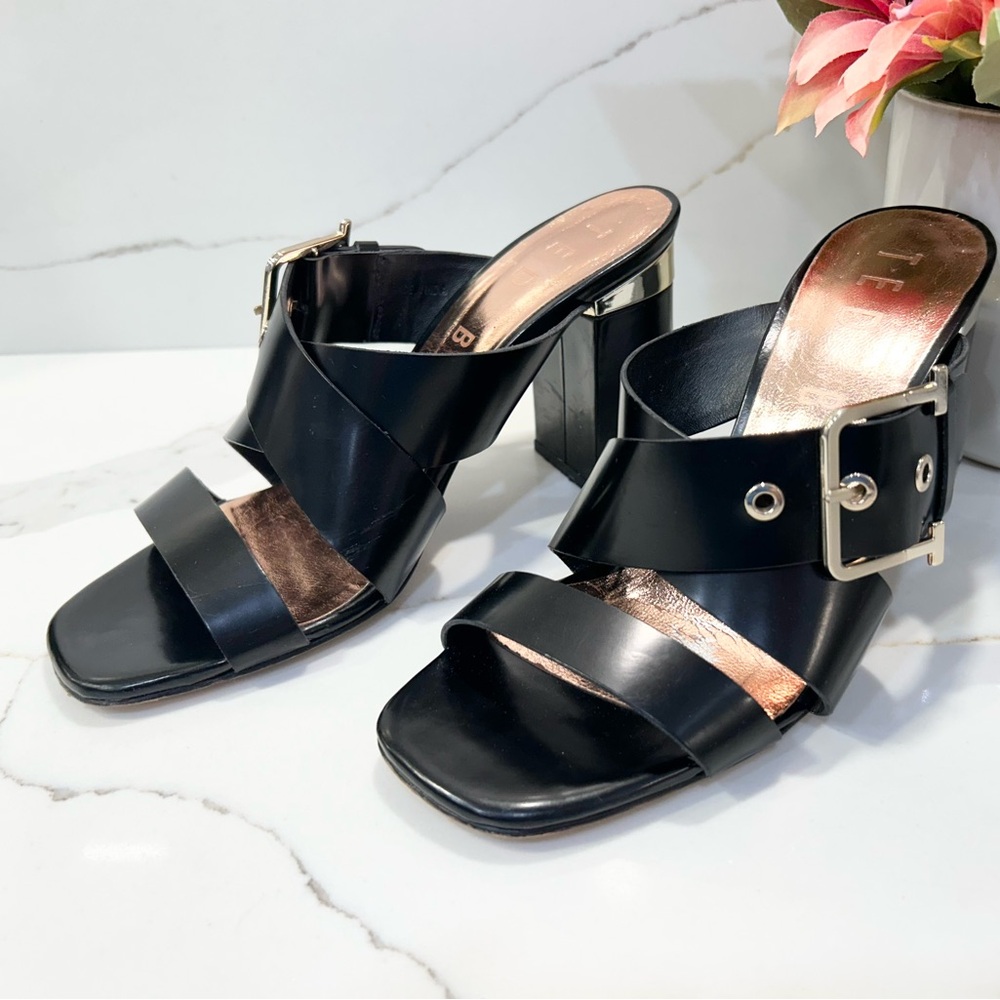 Ted Baker Women's Peataa Black  Buckle Heel Sandals Mules Size 38.5 US Size 8